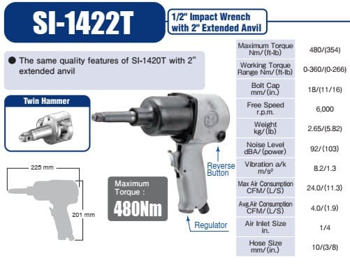 Súng bắn ốc khí nén loại dài 1/2" Shinano SI-1422T - Ảnh 2